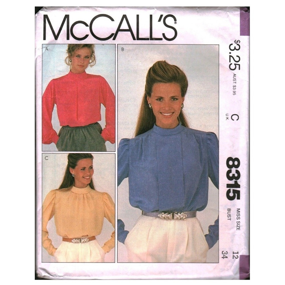 Vintage McCalls 8315 Sewing Pattern Misses Pullover Blouse Button Back Size 12